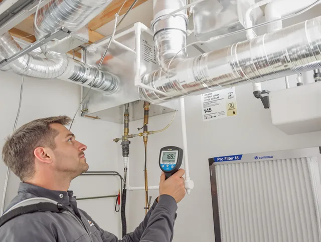 Wrentham Air Duct Cleaning expert conducting detailed filter system inspection using diagnostic tools in Wrentham